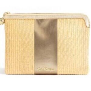 Lilly Pulitzer gold and woven rattan clutch , $118